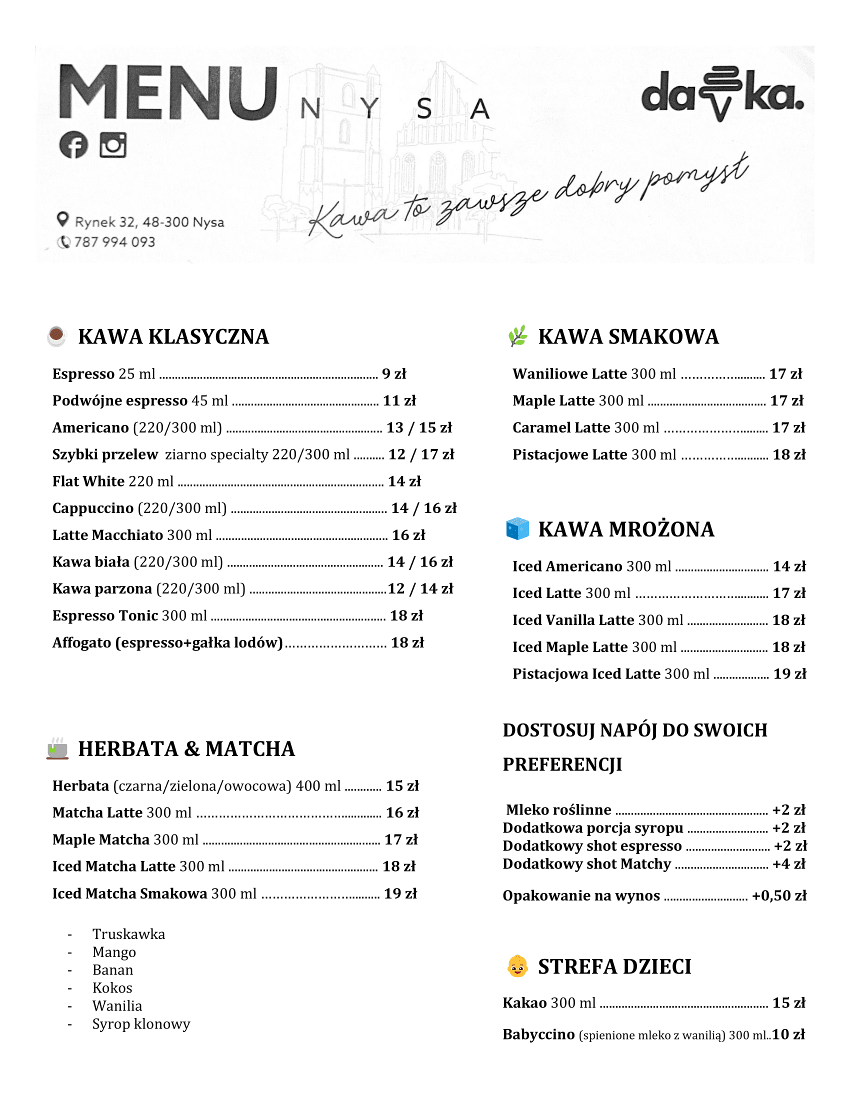 Menu kawiarni Davka – kawa specialty, matcha, śniadania i lody rzemieślnicze