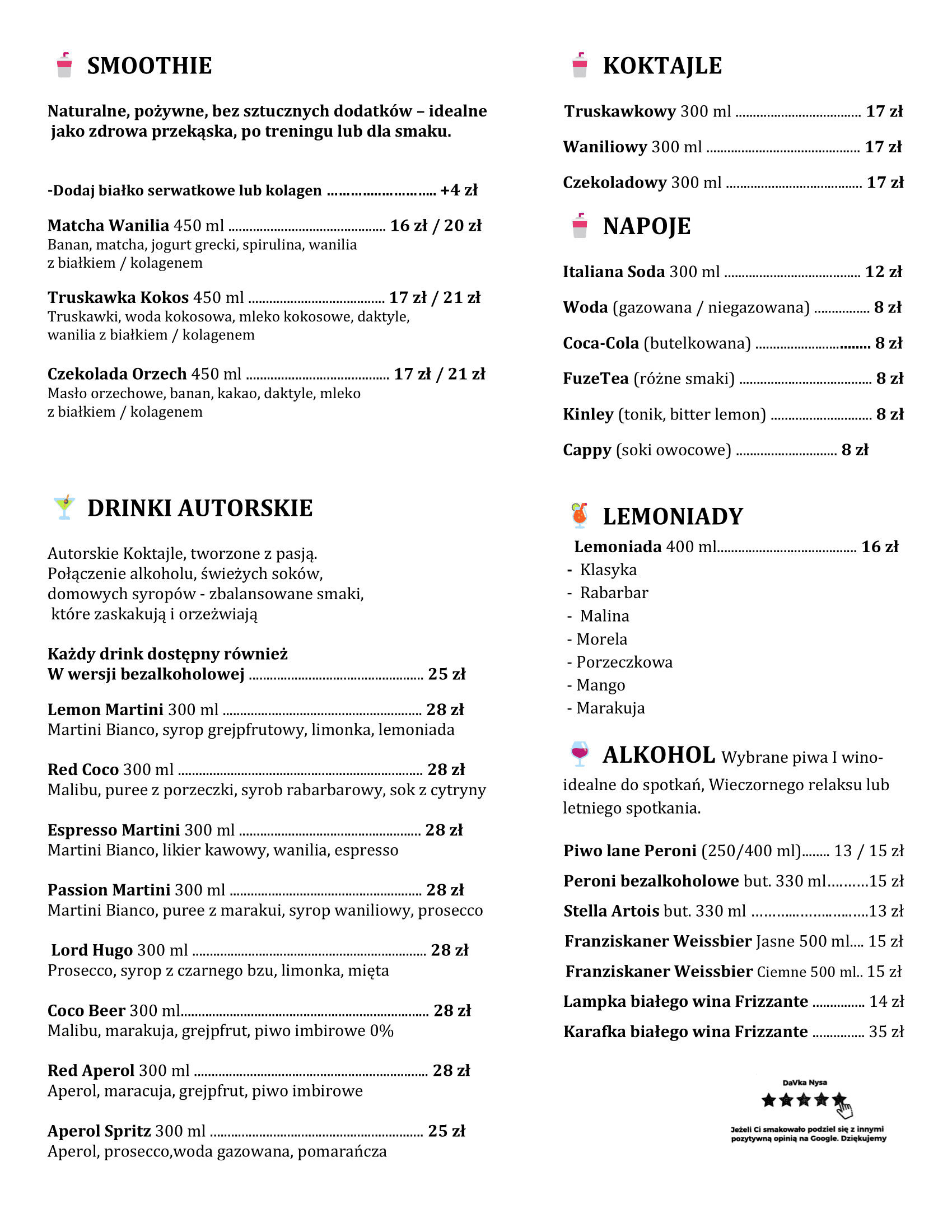 Menu kawiarni Davka – domowe słodkości, drinki, piwo Peroni, wino